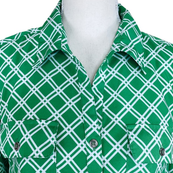 Kelly Green Diagonal Stripe Roll Tab Sleeve Button Down Top S Military Collar - Picture 2 of 8